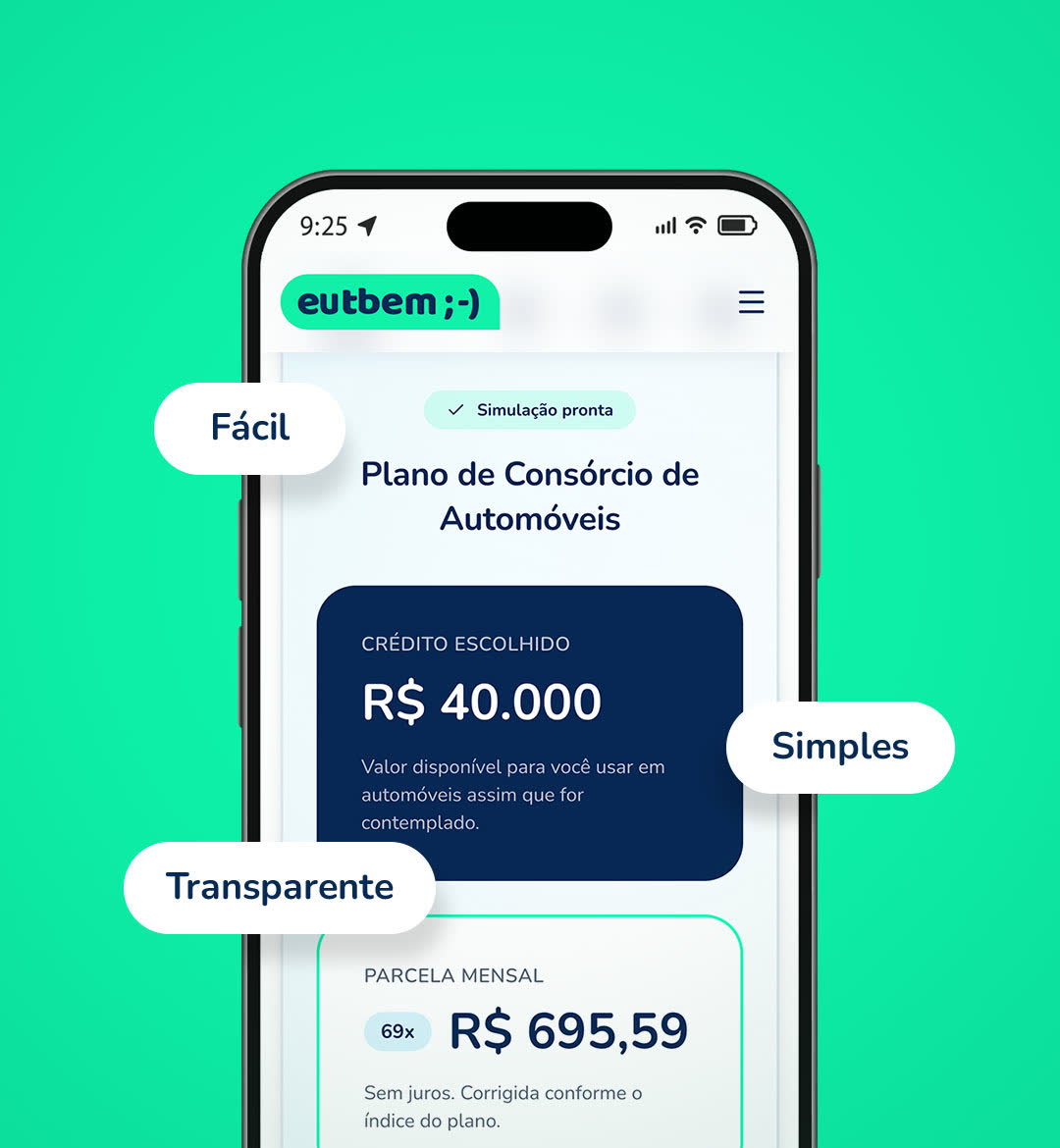 Celular exibindo simulação pronta do consórcio Eutbem